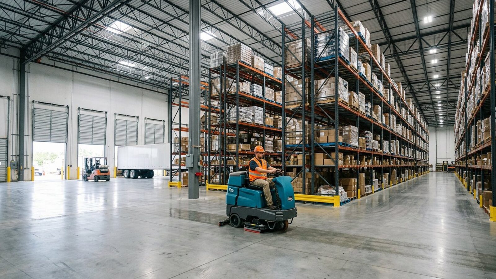 Interior of an industrial warehouse with racking and loading docks being cleaned