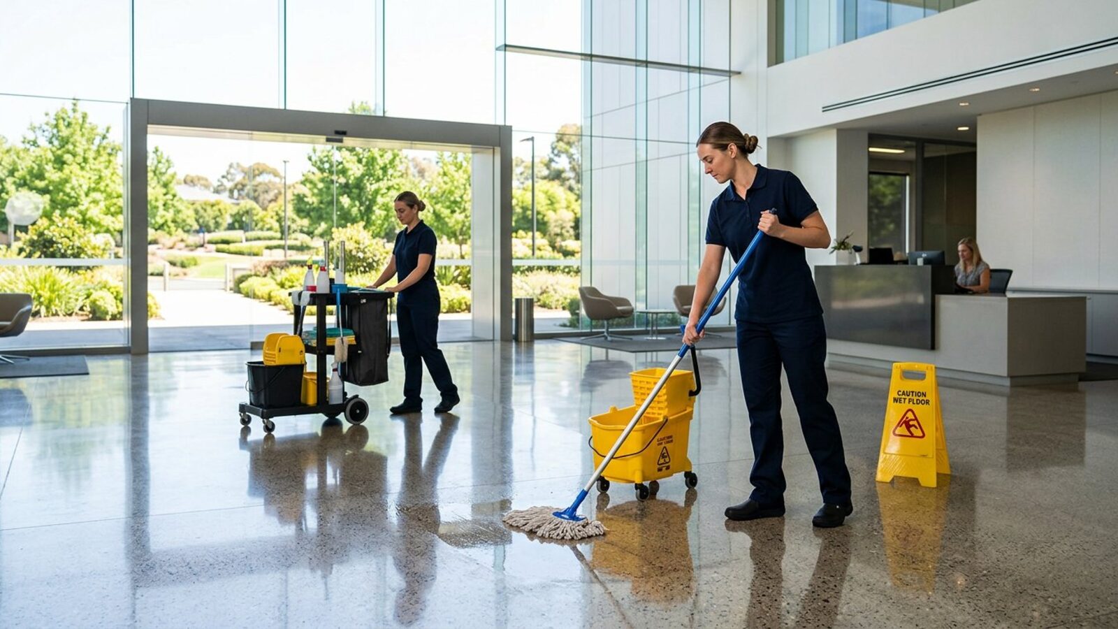 Clean modern corporate office interior with tidy workstations and polished floors
