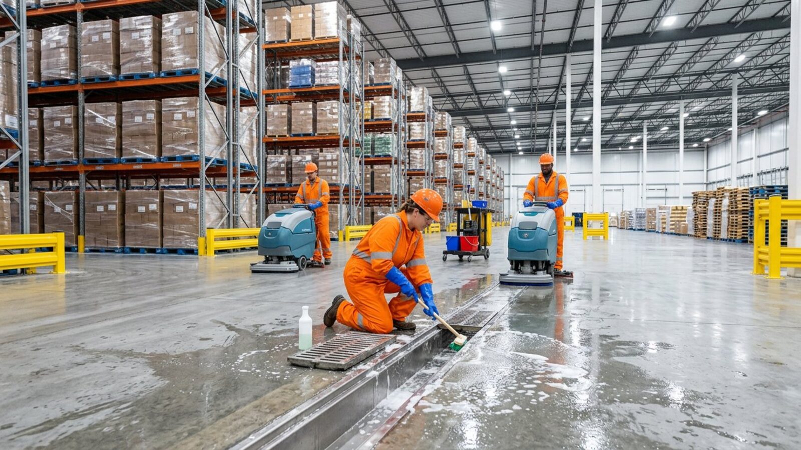 Sanitation crew in protective gear cleaning the interior of a food-grade warehouse