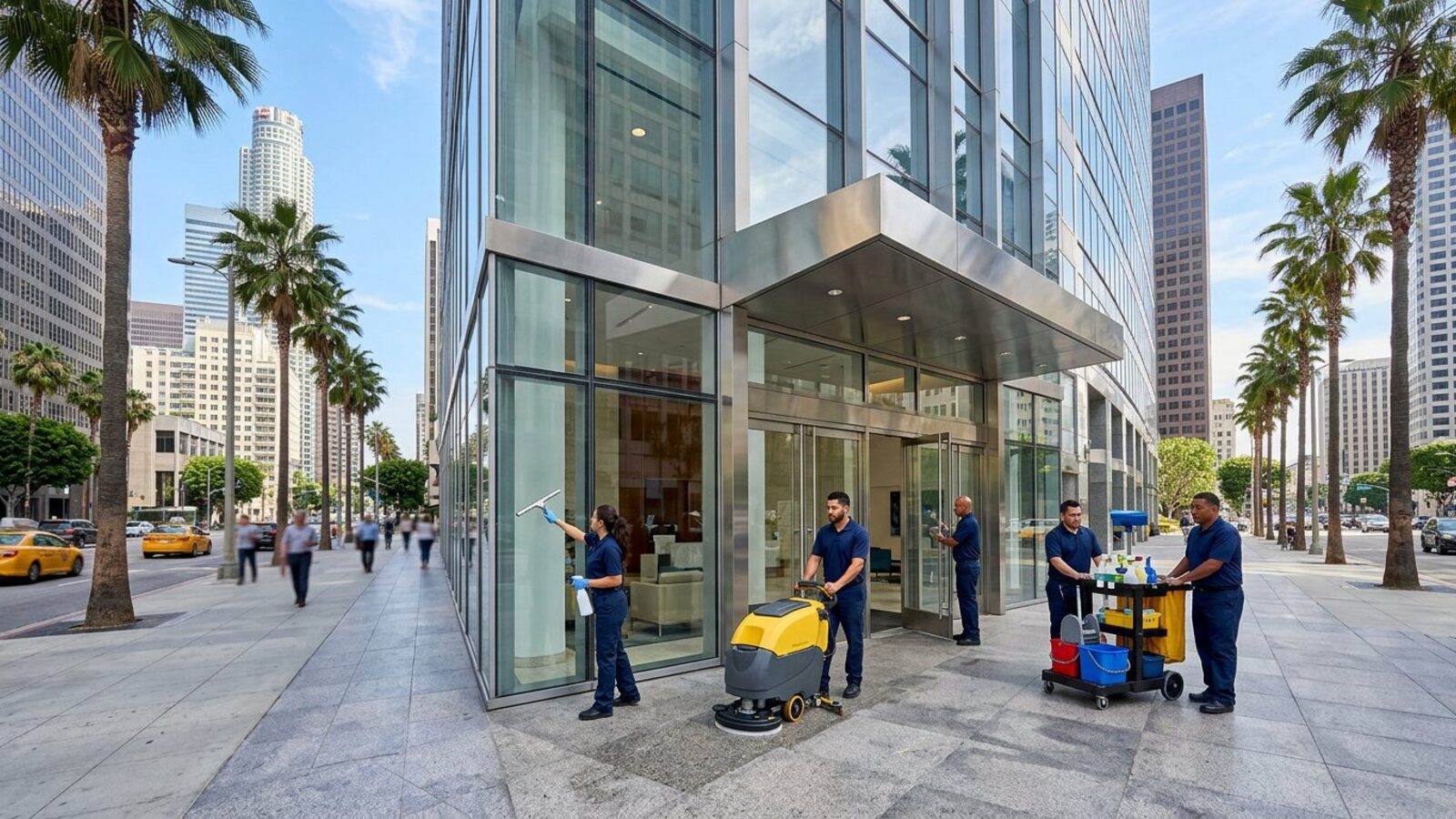 Downtown Los Angeles office building with a professional cleaning team at the entrance
