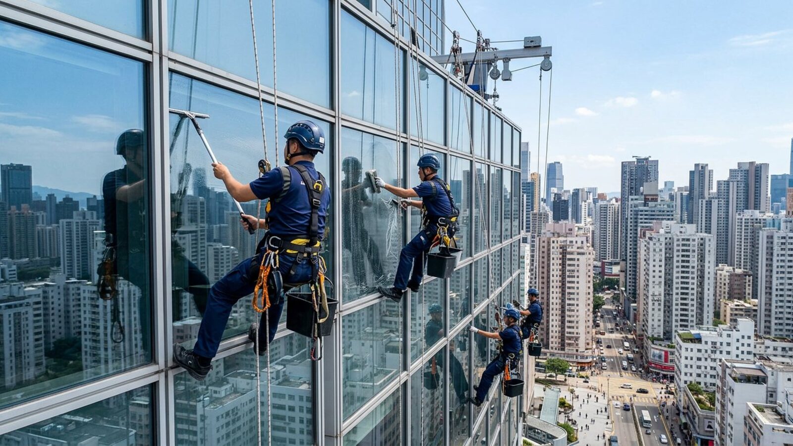 Window cleaning crew in safety harnesses on the glass facade of a tall downtown office tower