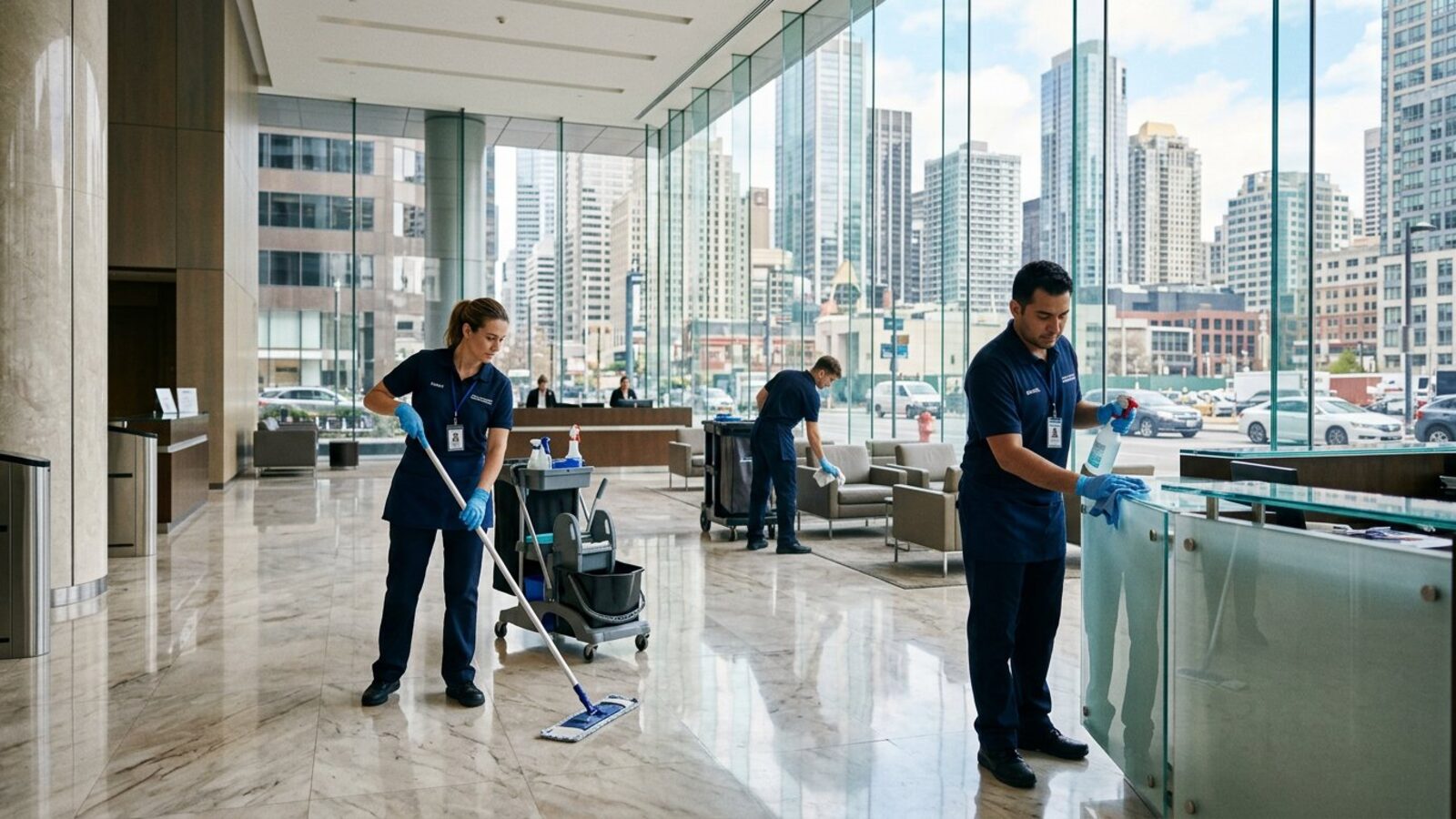 Professional commercial cleaning team servicing a downtown office building in New York City