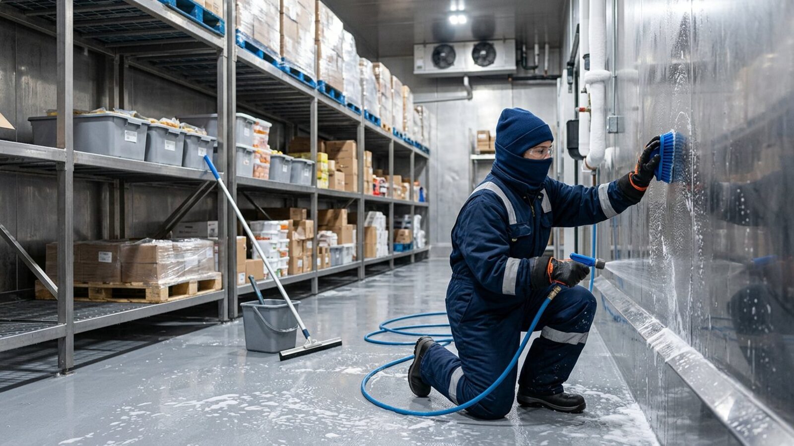Worker in cold-weather PPE cleaning the interior of a refrigerated storage room
