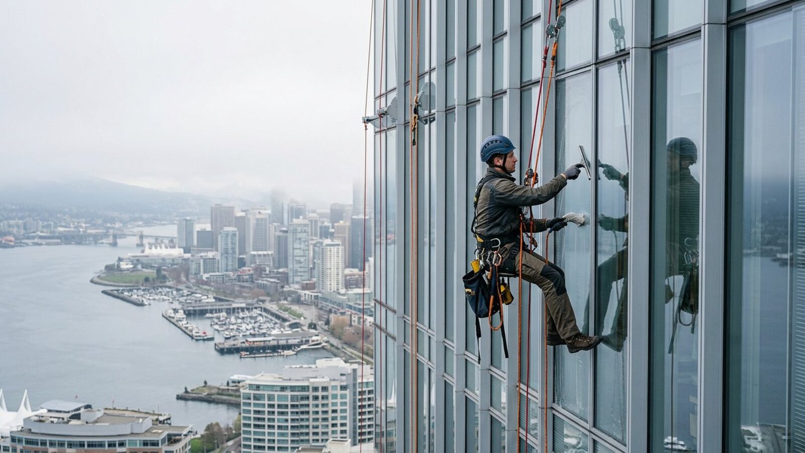 Rope access technician cleaning a high-rise glass facade against a coastal city skyline