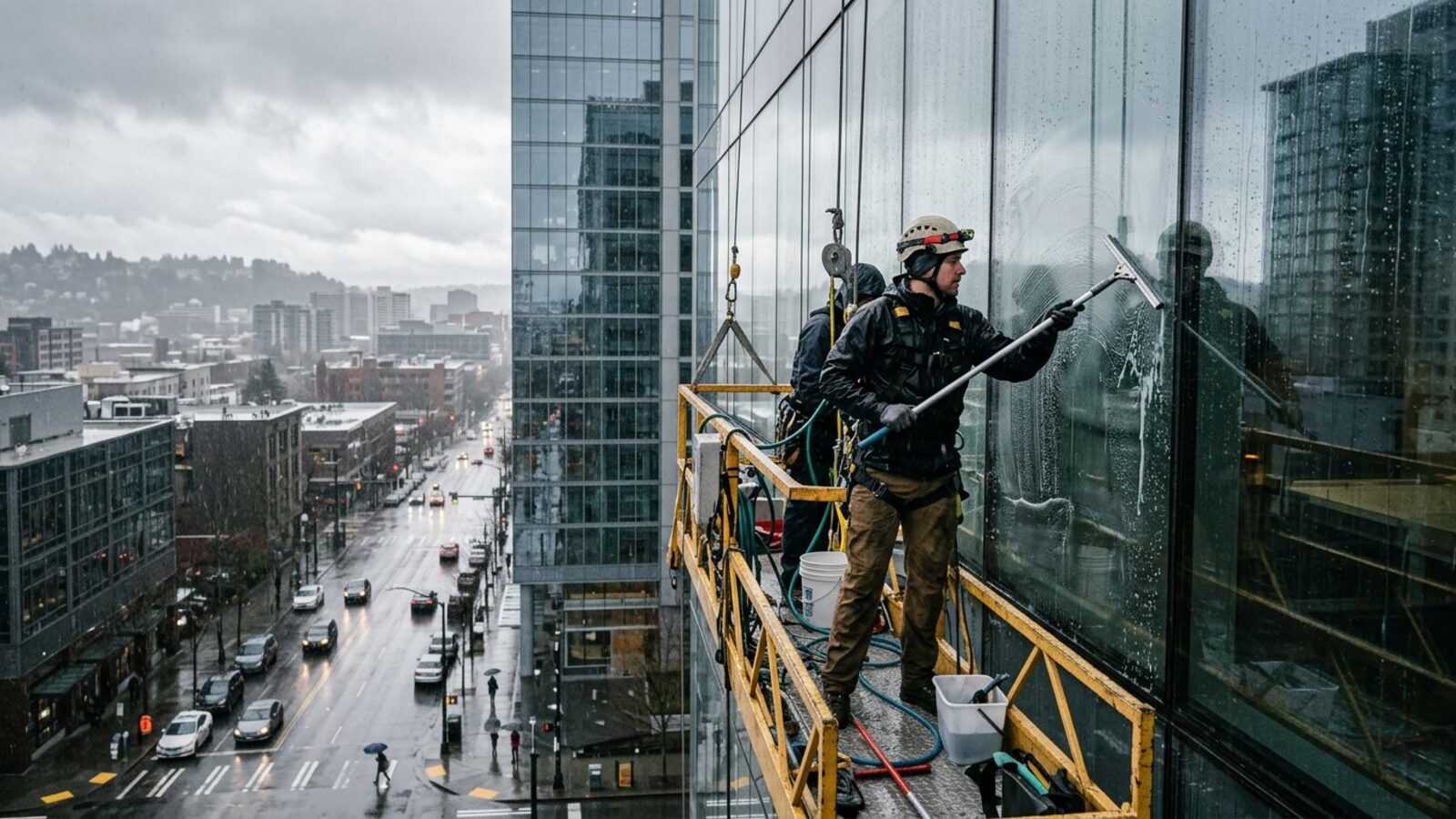 Crew washing the glass facade of a commercial building in a rainy Pacific Northwest city
