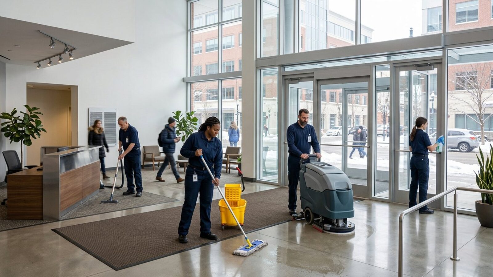 Janitorial crew cleaning the interior of a commercial office building in a mid-size upstate city